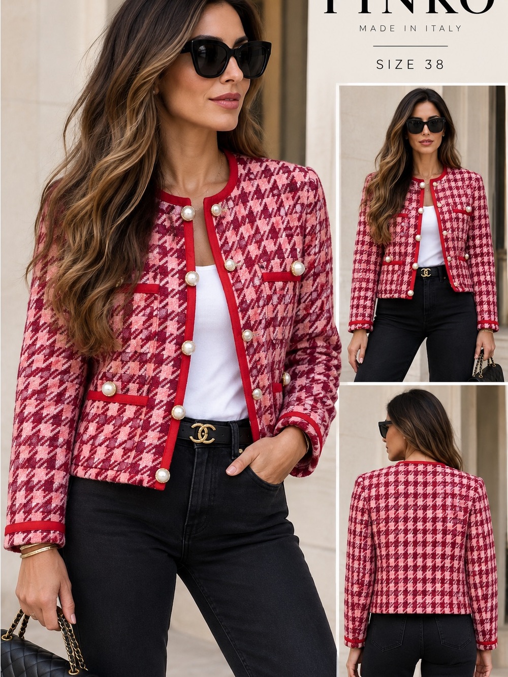 Pinko Pink Houndstooth Pearl-Button Jacket by Pinko